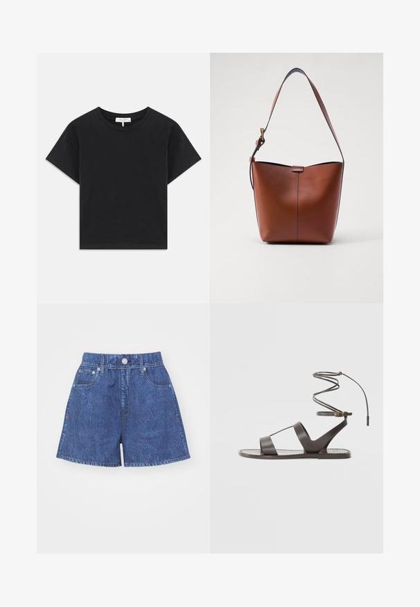 Crna skraćena majica od pamuka, s okruglim izrezom, kratkim rukavima i jednostavnim dizajnom bez uzoraka ili ukrasa.; Tamne traperice u tamnoplavoj boji s visokim strukom, koje imaju zatvaranje na dugme, dva prednja džepa i detalje sa šavom na rubovima.; Smeđe kožne sandale s ravnim potplatom, minimalističkog dizajna, sa zakrivljenim remenom oko gležnja i višestrukim otvorima za prozračnost.; Smeđa kožna torba za rame s zakrivljenim oblikom, glatkom teksturom i jednom tankom trakicom. Ima suptilan šav i mali detalj s logotipom.