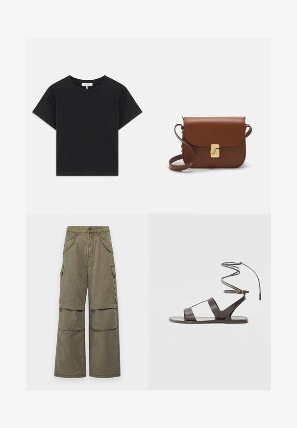 Črni skrajšan majica iz bombaža, z okroglim izrezom, kratkimi rokavi in preprostim dizajnom brez vzorcev ali okrasnih elementov.; Khačaste cargo hlače iz bombaža, z širokimi nogami, več žepi in šivanim detajlom. Primerno za casual oblačenje.; Rjave usnjene sandale s ravnim podplatom, ki imajo minimalističen dizajn, ukrivljen trak za gleženj in več odprtin za zračnost.; Rjava usnjena torbica s poklopcem, zlato obarvani okovi, naramnica in gladka tekstura. Kompaktna pravokotna oblika.