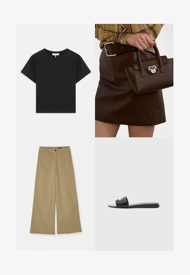 T-shirt noir cropped en coton, avec un col rond, des manches courtes et un design simple sans motifs ni embellissements.; Pantalons larges kaki en coton, avec fermeture à bouton, poches latérales et détails de couture visibles. Texture lisse.; Sandales noires à glissière avec un large dessus, texture en cuir lisse, design à bout ouvert et détail doré sur la sangle. Semelle plate.; Sac en cuir marron avec une finition texturée et des accessoires en argent, tenu à la main à côté d'une jupe en cuir marron et d'un pull à motifs.