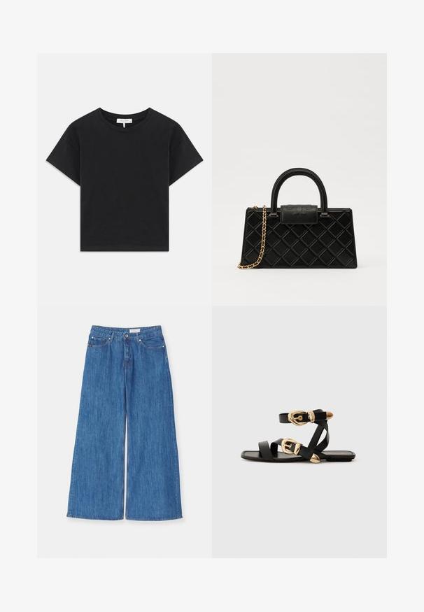 Melnā īsā krekla t-kreklu, kas izgatavots no kokvilnas, ar apaļu kakla izgriezumu, īsām piedurknēm un vienkāršu dizainu bez rakstiem vai rotājumiem.; Platām kājām zili džinsi ar augstu jostasvietu, tīrām līnijām un maigu balinājumu. Iespējots standarta piecu kabatu dizains un pogu aizdare.; Melni ādas sandales ar zelta sprādzēm, ar vairākām siksnām un plakanu zoli, piemērotas valkāšanai ar atvērtu purngala.; Melnā rokassomiņa, kas izgatavota no teksturētas ādas, ar dimanta rakstu, zelta toņa ķēdes siksnu un augšējo rokturi ar logo reljefā slēgšanu.