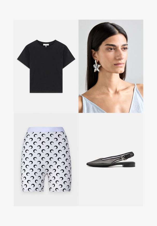 Černé zkrácené tričko vyrobené z bavlny, s kulatým výstřihem, krátkými rukávy a jednoduchým designem bez vzorů nebo ozdob.; MARINE SERRE MOON MINI - Šortky - optical white; rag & bone ASTRA SLINGBACK - Baleríny s otevřenou patou - black; Stříbrné květinové náušnice s leštěným povrchem, obsahující centrální čirý kámen, které nosí modelka se rovnými tmavými vlasy a světle modrým topem.