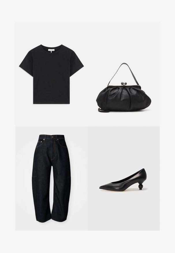 Camiseta negra corta de algodón, con escote redondo, mangas cortas y un diseño simple sin patrones ni adornos.; Jeans de mezclilla oscura con un corte relajado, que presentan costuras naranjas sutiles, bolsillos frontales y una cinturilla plana con un cierre de botón.; Zapato de tacón alto de cuero negro con puntera afilada y un tacón redondeado y abombado. Textura suave con un diseño elegante y minimalista.; Bolso de mano de cuero negro con un diseño redondeado y plisado. Cuenta con un cierre metálico con dos bolas decorativas y una correa delgada y desmontable.