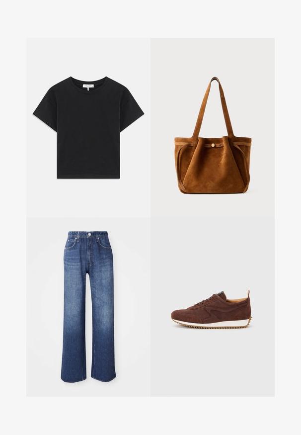 T-shirt noir cropped en coton, avec un col rond, des manches courtes et un design simple sans motifs ni embellissements.; Jean en denim bleu à jambes larges, avec une taille haute, cinq poches et une fermeture à bouton en métal. Le tissu a une texture lisse avec un léger dégradé.; Baskets en daim marron avec un design bas, des lacets plats et une semelle en caoutchouc texturée avec des pointes angulaires pour une meilleure adhérence.; Sac fourre-tout en suede marron avec doubles poignées, un strap de fermeture à bouton et une forme décontractée, légèrement affaissée.