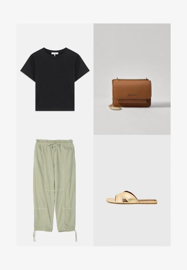 T-shirt noir cropped en coton, avec un col rond, des manches courtes et un design simple sans motifs ni embellissements.; rag & bone JORDAN PANT - Pantalon classique - jade; Sandale à talon plat en cuir doré présentant un design à bout ouvert, une forme minimaliste et des accents découpés sur la bride. Semelle plate avec un intérieur marron.; Sac en cuir texturé marron en bandoulière avec une sangle en chaîne dorée et une fermeture à rabat. L'avant présente un détail de logo et une poche sous le rabat.