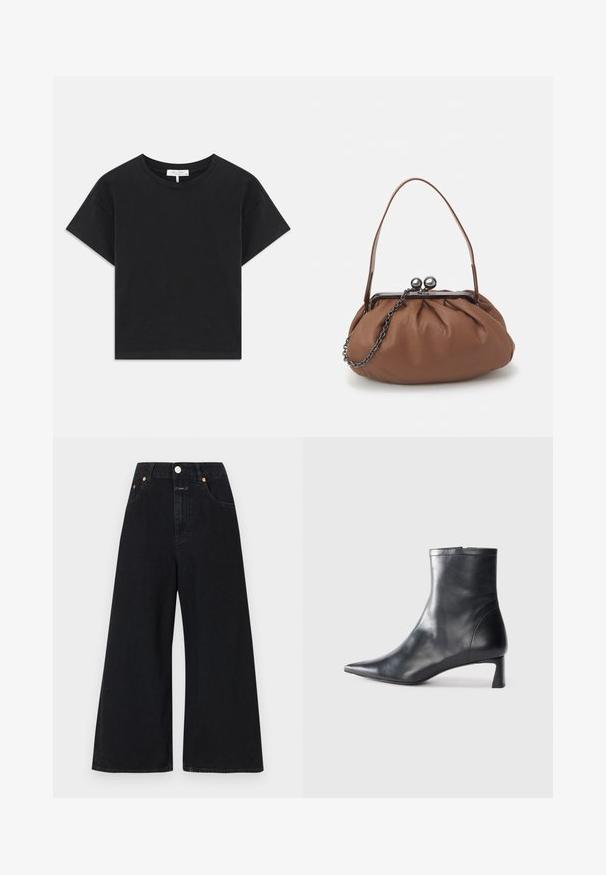 Černé zkrácené tričko vyrobené z bavlny, s kulatým výstřihem, krátkými rukávy a jednoduchým designem bez vzorů nebo ozdob.; Černé široké džínsy vyrobené z denimové látky. Mají vysoký pas, měděné kovové detaily a zapínání na knoflík. Minimalistický design bez vzorů.; Černé kožené kotníkové boty s špičatou špičkou a elegantním designem. Mají nízký podpatek a zipové zapínání na zadní straně. Hladká textura.; Hnědá kožená taška s nařaseným designem, krátkým koženým uchem a řetízkovým popruhem. Obsahuje stříbrnou kovovou sponu se dvěma kulatými detaily.
