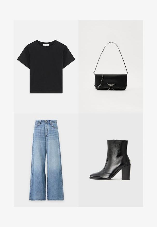 Schwarzes Crop-Top aus Baumwolle mit rundem Halsauschnitt, kurzen Ärmeln und einem schlichten Design ohne Muster oder Verzierungen.; Hellblaue Weitbeinjeans aus Denim. Mit hoher Taille, großen ausgestellten Beinen und klassischer Fünf-Taschen-Stil mit Metallbeschlägen.; Schwarze Leder-Stiefelette mit glatter Textur, spitzem Fuß und klobigem hohen Absatz. Verfügt über eine seitliche Öffnung und ein minimalistisches Design.; Schwarze Lederhandtasche mit einem silbernen Kettenriemen, verziert mit dekorativen Flügelakzenten und weißen Nähten entlang der unteren Naht.