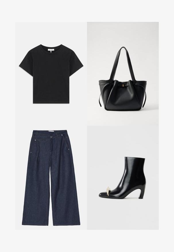 Tricou scurt negru din bumbac, cu un gât rotund, mâneci scurte și un design simplu, fără modele sau embellismente.; MUNTHE SHELLIE - Blugi loose fit - indigo; Cizme negre peste glezna, realizate din piele lucioasă, cu vârf ascuțit și un accent decorativ aurii și argintii în față. Design cu toc pătrat.; Geantă tote din piele neagră, cu două bretele lungi, un vârf strâns și un accent circular auriu. Textură netedă cu un design minimalist.