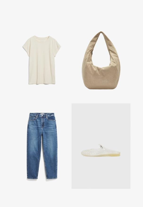 Cremfarbene Kurzarm-T-Shirt aus weicher Baumwolle mit einem runden Halsausschnitt und umgeschlagenen Ärmeln. Schlichtes Design ohne Muster.; Blaue Denim-Jeans mit geradem Bein, fünf Taschen und dezenten Verwaschungen. Ausgestattet mit einem Knopfverschluss und Kontrastnähten.; Transparenter Kunststoff-Schlupfschuh mit einem Gittermuster, runder Zehenpartie und einem kleinen silbernen Akzent an dem Riemen. Flexibler, durchsichtiger Sohlen. ; Beige Hobo-Tasche aus Stoff mit einer weichen, glatten Textur. Sie verfügt über einen breiten, gebogenen Schulterriemen und einen Reißverschluss an der Seite.