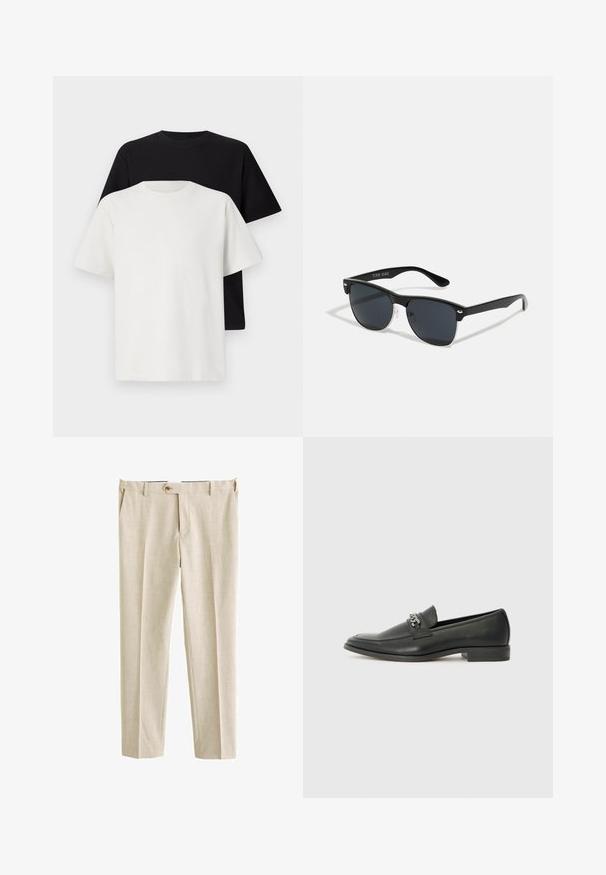 Kokvilnas T-kreklu komplekts, kas sastāv no melna un baltā T-krekla, abi ar īsām piedurknēm, apaļu kakla izgriezumu un standarta piegriezumu. Faktūras audums.; Bēšas krāsas bikses, kas izgatavotas no auduma ar tekstūru, ar standarta vidukli, priekšējām krokām un vienu pogu,; Melna ādas loafer izmēra apavi ar gludu virsmu, piedāvā ar šūtu dizainu un dekoratīvu metāla ķēdes akcentu pār vampu. Plakana papēža daļa.; Melnas saulesbrilles ar taisnstūra formu, tumšiem stenģiem, sudraba akcentiem pie tempļiem un matētu apdari uz rāmja.