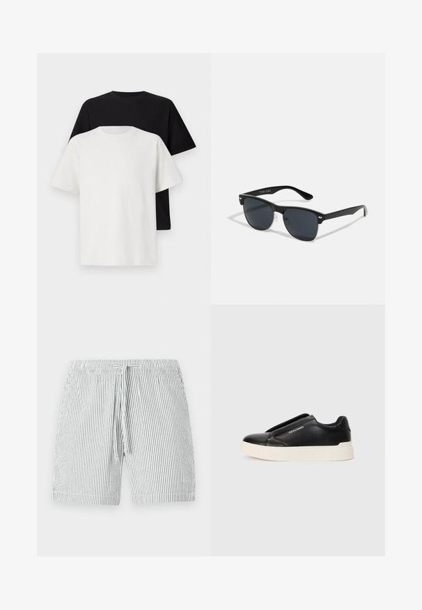 Set di t-shirt in cotone composto da una maglietta nera e una bianca, entrambe con maniche corte, scollatura rotonda e vestibilità standard. Tessuto testurizzato.; Costumi da bagno a righe grigi e bianchi, con cintura regolabile, design di lunghezza media e materiale morbido e leggero.; Sneaker nera slip-on con parte superiore in pelle texturizzata, suola in gomma bianca e senza lacci visibili. Presenta il logo del marchio sul lato.; Occhiali da sole neri con forma rettangolare, lenti scure, dettagli in argento alle tempie e finitura opaca sulla montatura.