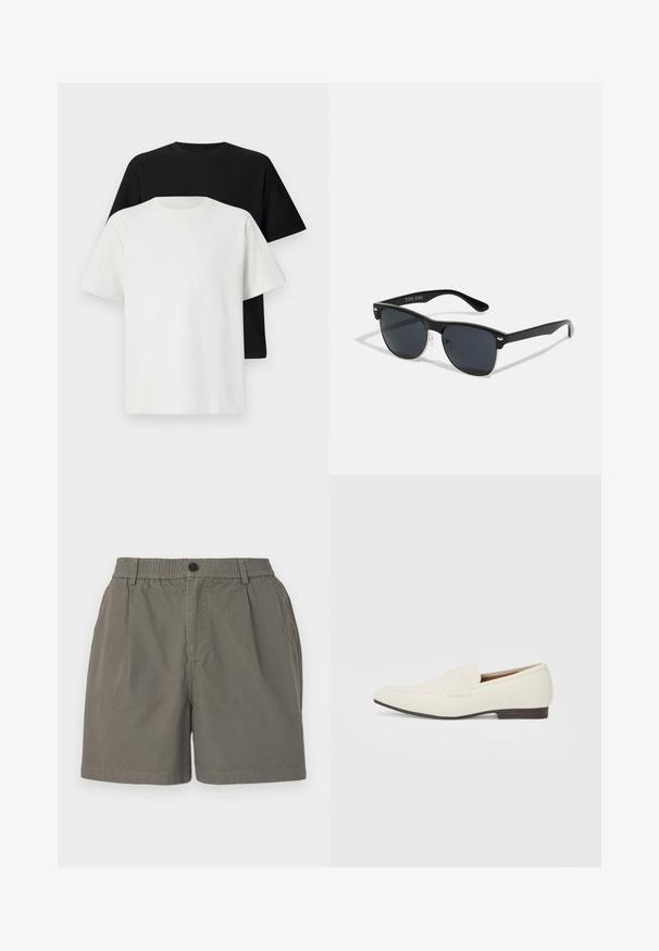 Pamut póló szett, amely egy fekete és egy fehér pólót tartalmaz, mindkettő rövid ujjú, környakú és normál fazonú. Texturált anyag.; Khaki rövidnadrág rugalmas derékkal, egysoros gombzárással és két oldalsó zsebből áll. Puha, könnyű anyag, sima felülettel.; Világos bézs loaferek hegyes orral, sima anyagból, a lábfejen lévő pánttal és alacsony barna talppal. Egyszerű dizájn, minimális díszítéssel.; Fekete napszemüveg, téglalap alakú, sötét lencsékkel, ezüst részletekkel a szárakon, és matt felülettel a kereten.
