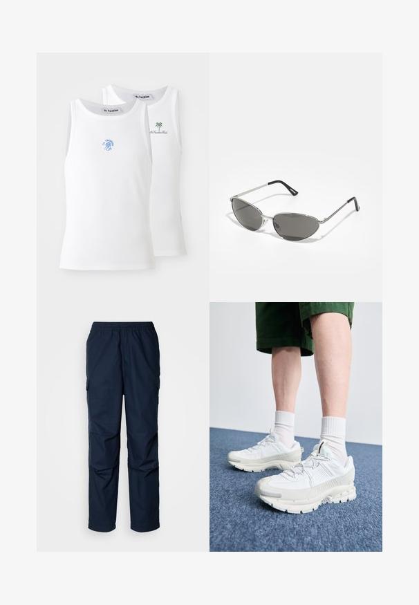 Dve biele tielka, s jemnou textúrou, s vyšívanými logami v modrej a zelenej farbe. Jedno má dizajn slnka, druhé palmy.; Námorné cargo nohavice s elastickým pásom, dvoma bočnými vreckami a ľahkou, textúrovanou tkaninou pre pohodlie a trvanlivosť.; Biele športové topánky s textúrovanými prešívaniami, robustnou podrážkou a sivými akcentami. Nosené s bielymi ponožkami po členky a zelenými šortkami na modrom povrchu.; Slnečné okuliare s elegantným, strieborným kovovým rámom, sivými tónovanými sklami a aerodynamickým dizajnom s ostrými hranami a tenkými rámikmi.