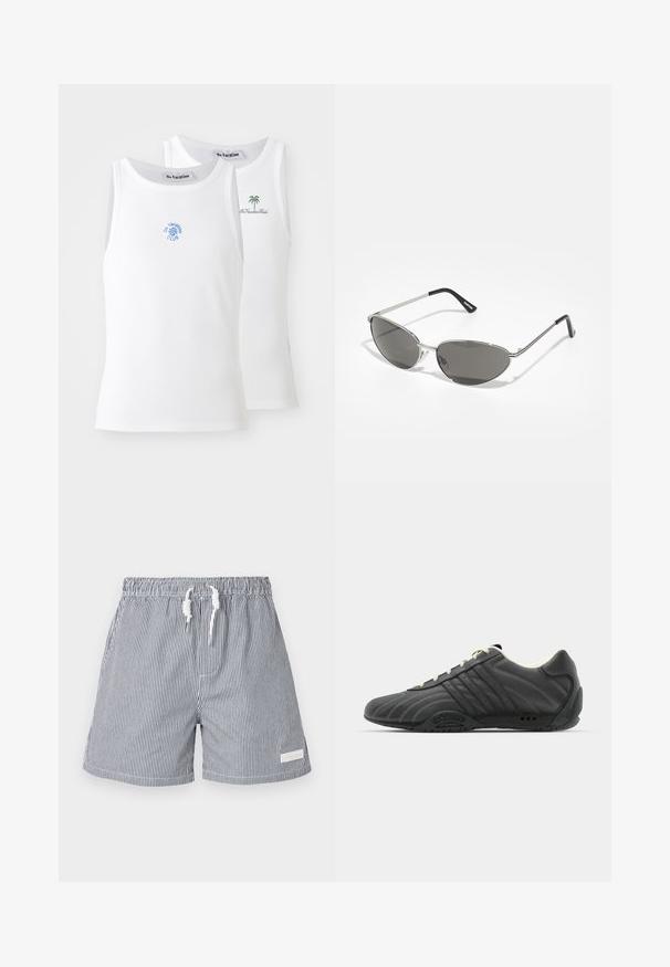 Twee witte tanktops met een geribbelde textuur, voorzien van blauwe en groene borduurlogo's. De ene heeft een zonontwerp, de andere een palboom.; Gestreepte zwemboxers in marineblauw en wit. Gemaakt van lichtgewicht materiaal met een elastische tailleband, een trekkoordsluiting en zijzakken.; adidas Originals ADIRACER UNISEX - Sneakers laag - core black/cream white; Zonnebril met een slank, zilveren metalen frame, grijs getinte lenzen en een aerodynamisch ontwerp met puntige randen en dunne pootjes.