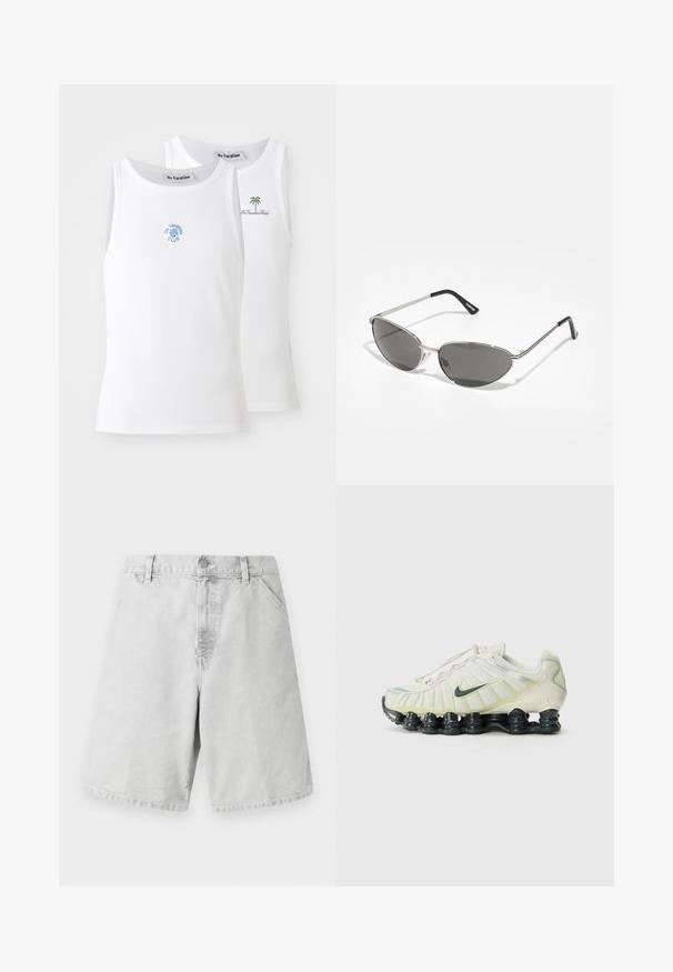 Dve bele majice brez rokavov, rebraste teksture, z vezenimi logotipi v modri in zeleni barvi. Ena ima dizajn sonca, druga pa palmo.; Svetlo sivi bombažni šort, klasičnega kroja, z zadrgo, podobami za pas in stranskimi žepi. Gladka tekstura z enostavnim dizajnom.; Beli in svetlo zeleni Nike superge z teksturirano zgornjimi deli, vidnimi vezalkami in črnim segmentiranim podplatom, ki vključujejo odsevne detajle.; Sončna očala z elegantnim srebrnim kovinskim okvirjem, sivi zasenčeni leči in aerodinamičnim oblikovanjem, ki vključuje ostri robovi in tanke ročke.