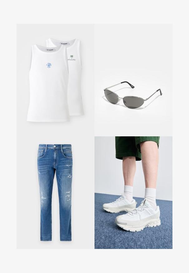 Dois tops brancos de alças, com textura canelada, apresentando logótipos bordados em azul e verde. Um tem um desenho de sol, o outro uma palmeira.; Jeans de ganga em um tom azul claro com um corte regular. Apresentam detalhes desgastados e um leve efeito de surrados perto dos bolsos e dos joelhos.; Sapatos atléticos brancos com sobreposições texturizadas, sola espessa e detalhes em cinza. Usados com meias brancas até ao tornozelo e calções verdes sobre uma superfície azul.; Óculos de sol com uma estrutura metálica prateada elegante, lentes cinzentas e um design aerodinâmico com bordas pontiagudas e hastes finas.