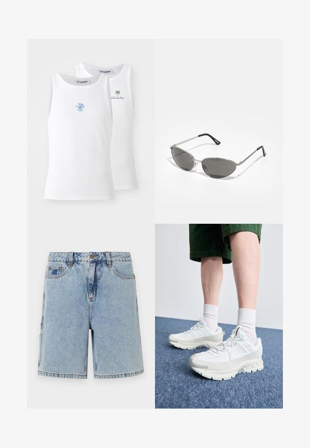 Dvě bílé tílka s jemným žebrováním, zdobené modrými a zelenými vyšívanými logy. Jedno má design slunce, druhé design palmy.; Světle modré džínové šortky s volným střihem, mají zapínání na knoflík, přední kapsy a jemné oprání. Jednoduchý design, bez viditelných vzorů.; Bílé sportovní boty s texturovanými překryvy, masivní podrážkou a šedými akcenty. Na nohou mají bílé ponožky a zelené šortky na modrém povrchu.; Sluneční brýle s elegantním stříbrným kovovým rámem, šedými tónovanými skly a aerodynamickým designem s ostrými hranami a tenkými nožičkami.