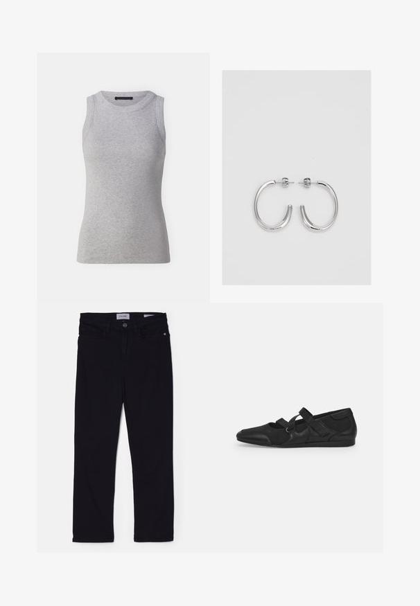 Débardeur gris sans manches en tissu côtelé. Présente un col rond et une coupe ajustée. Design simple, sans motifs ni accents visibles.; Jean en denim noir à coupe slim, avec une fermeture à bouton sur le devant, des passants de ceinture et des poches avant. Matériau doux avec une texture lisse.; Chaussures plates noires avec un dessus texturé doux, comportant deux brides réglables et une conception à bout rond, montées sur une semelle en caoutchouc plate.; Boucles d'oreilles en argent avec une finition lisse et brillante. Forme arrondie, conception légère, avec un fermoir à tige.