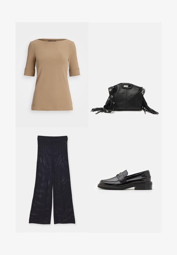 Beige lühikeste varrukatega topp, ümarate kaeluste ja volditud varrukatega, ning siledast kangast. Väike logo detail hemme lähedal.; Must have täiesti mustad, vabalt langevad, laiad püksid, mis on valmistatud hingavast võrkkangast. Omab elastset vööd, millel on reguleeritav pael.; Mustast lakklehestest valmistatud mokasenid, millel on sujuv viimistlus, esiosas tikkimisdetail ja madal plokknina, mis pakub toetust. Rihmal kullatooniline aksessuaar.; Maje MISS MINI - Ülerinna-kott - noir