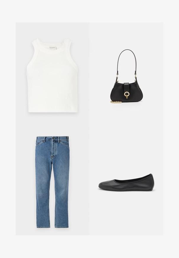 Valge ribaga särk laiade õlavarre rihmadega ja keha lähedase siluetiga. Omab väikest muldjäljendatud logo Hem'i lähedal.; Heledadsinine teksapüksid otse lõikega, millel on tõmblukk, viis taskut ja peened tikandite detailid. Ilma kaunistuste ja mustriteta.; Musthave mustika tantsutossud mustast nahast, ümmarguse varbaga, siledast tekstuurist, minimaalse õmblusdetailiga ja paindliku tallakujundusega.; sandro JANET - Käekott - noir