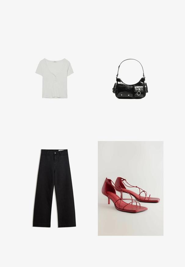 Ljust grå kortärmad topp med djup V-ringning och fyra-knapps knäppning, tillverkad av mjukt tyg med en slät textur.; Svarta vida denimbyxor med hög midja, med fram- och bakfickor, sydda sömmar och knappstängning. Slät textur.; Röda läder högklackade sandaler med fyrkantiga tår, flera tunna remmar över foten och en justerbar spänne vid vristen. Texturerad innersula.; Svart lackläderhandväska med en rundad form, en axelrem, framfickor och detaljer i silverfärg.