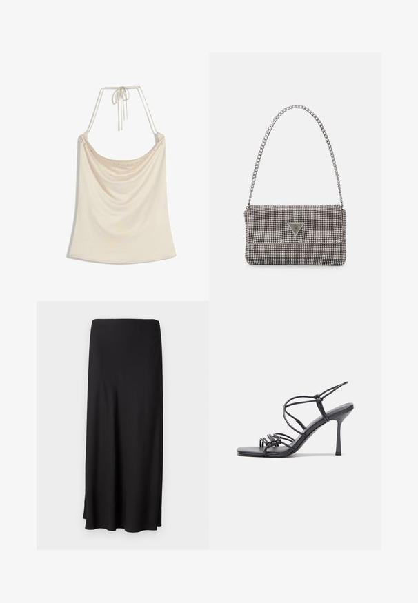 Beige halterneck-top dengan bagian depan yang dilipat, menampilkan tekstur yang halus dan aksen metalik kecil di sepanjang garis lehernya. Mengikat di bagian belakang.; Mustan, pitkän hameen sileä kangas, jossa on suora leikkaus ja sivuhalkiot liikkumisen helpottamiseksi. Yksinkertainen muotoilu, jossa ei ole kuvioita tai koristeita.; Mustat korkokengät sandaalit, joissa on ohuet hihnat solmittuna, sileä neliön muotoinen varvasosa ja tyylikäs stiletto-korko.; Vaalea harmaa metallinen käsilaukku, jossa on ketjusanka. Laukku on koristeltu pienillä pyöreillä metallikoruilla ja kolmion muotoisella brändilogolla.; Hopehopeet hopehopeet hopehopeet hopehopeet, jolla on sileä, kiiltävä pinta. Pyöreä muoto, kevyt rakenne, jossa on neulakiinnitys.