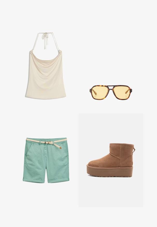 Beige Halftertop mit drapiertem Vorderteil, das eine geschmeidige Textur und kleine metallische Akzente entlang des Ausschnitts aufweist. Bindebänder auf dem Rücken.; Hellesgrüne Baumwollshorts mit umgeschlagenem Saum und zwei Seitentaschen. Verfügt über einen geflochtenen cremefarbenen Gürtel mit einem kleinen braunen Akzent.; Beige Wildleder-Ankle-Boot mit Plateausohle, abgerundetem Zehenbereich und abgesteppten Akzenten; verfügt über eine Zuglasche hinten für einfaches An- und Ausziehen.; Sonnenbrille aus Schildpatt mit geometrischem Design, gelben Gläsern und Metallakzenten an den Bügeln. Breiter Rahmen und matte Textur.; Braune Lederschultertasche mit strukturiertem Finish, geschwungener Form, goldfarbenen Beschlägen, verstellbarem Schulterriemen und Klappenverschluss.