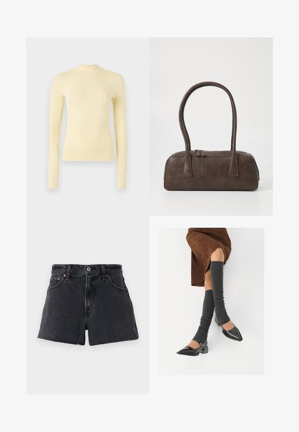 Küünarnukiga pikkade varrukatega kõrge kaelusega pehmest kollasest kangast särk, kitsas lõige, sile tekstuur, ilma nähtavate mustrite või metalldetailideta.; Kõrge piha mustad denim lühikesed püksid fraktsiooniga äärega, viie taskuga disain, metallist nööbi sulgemine ja peened kontrastõmblused.; Mustad patsaline odav värviga kingad, millel on kreen ja pahkluuring, on paaritatud hallide ribakudumitega sääremiidega ja pruunist nahast seelikuga.; Pruunist nahast käsipagas kahe tugeva käepidemega, kandiline kuju, sile tekstuur ja tõmblukuga sulgemine. Minimalistlik disain, ilma nähtavate mustriteta.