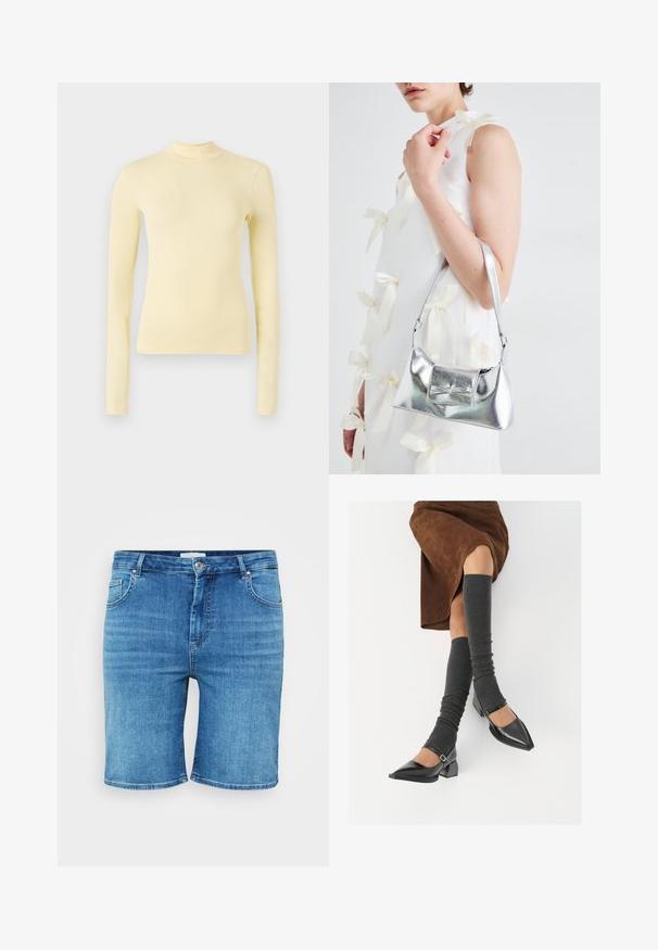 Ilgi piedurkņu turtlenecks tops maigi dzeltenā audumā, šaurs piegriezums ar augstu apkakli un gludu tekstūru, bez redzamām rakstu vai metāla detaļām.; Denim šorti vidēji zila krāsā ar taisnu piegriezumu, piecu kabatu dizainu un pogu aizdari. Mīksta faktūra, izlīdzinātas malas.; Melnas laka ādas apavi ar norādītu purngalu, blokveida papēdi un potīšu jostu, saskaņoti ar pelēkām ribotām kāju sildītājām un brūnu zamšādas svārku.; Sudraba metāla rokassoma ar struktūru formu, aprīkota ar augšējo rokturi un priekšpusē esošu loku. Gluda tekstūra, atstarojoša virsma.