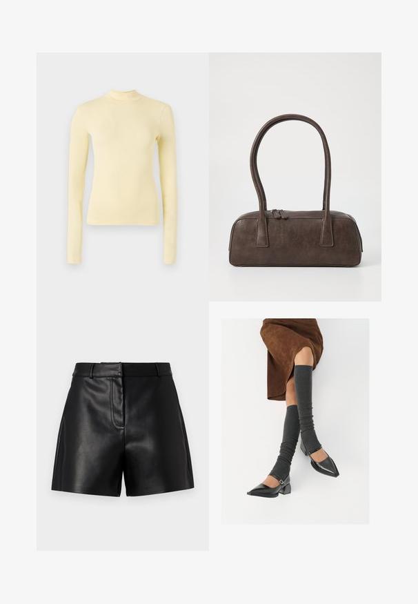 Langermet turtleneck topp i myk gul stoff, slim fit med høy hals og jevn tekstur, uten synlige mønstre eller maskinvare.; Sorte lærshorts med en glatt tekstur, med en tilpasset midje, detaljert søm foran og sidedelinger for ekstra stil.; Sorte lakkpumps med spiss tå, blokkhel, og ankelstropp, kombinert med grå ribbestrikkede beinvarmere og et brunt semsket skinn skjørt.; Brun lærveske med to robuste håndtak, rektangulær form, jevn tekstur og glidelås. Minimalistisk design uten synlige mønstre.