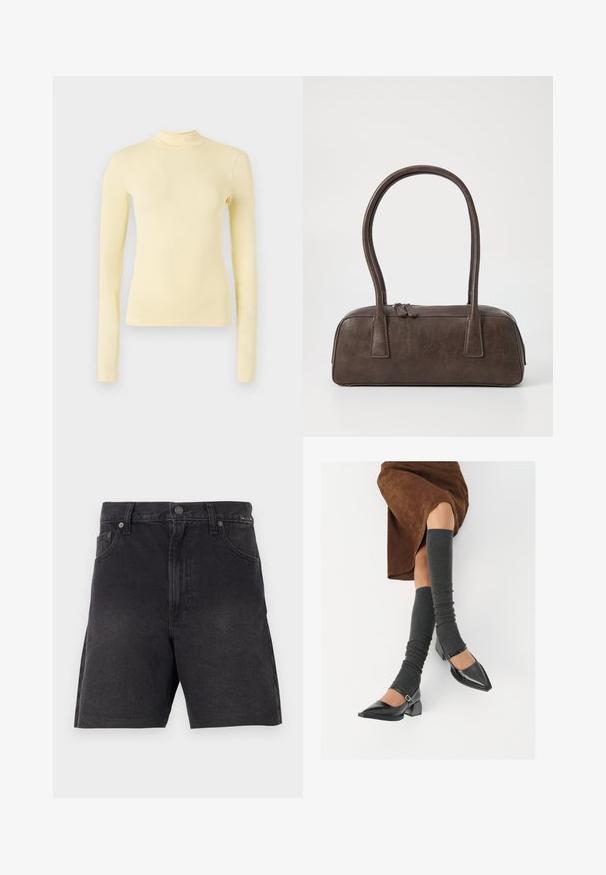 Dlhý rukáv turtleneck top v jemnej žltej látke, priliehavý strih s vysokým výstrihom a hladkou textúrou, bez viditeľných vzorov alebo kovových prvkov.; Čierne denimové šortky so strihaním na rovno, s gombíkovým zapínaním, prednými vreckami a štruktúrovanou tkaninou. Minimalistický dizajn, bez viditeľných vzorov.; Čierne lakované kožené topánky s špicatou špičkou, blokovým podpätkom a členkovým remienkom, ktoré sú kombinované so šedými rebrovanými legínami a hnedou zamšovou sukňou.; Hnedá kožená kabelka s dvoma pevným uchami, obdĺžnikovým tvarom, hladkým povrchom a zipsovým uzáverom. Minimalistický dizajn bez viditeľných vzorov.