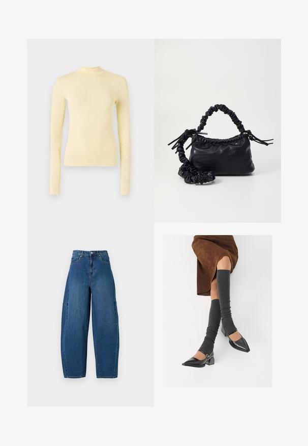 Camiseta de manga larga tipo cuello alto en suave tejido amarillo, corte ceñido con un escote alto y textura lisa, sin patrones visibles ni elementos metálicos.; Jeans de denim en un lavado azul medio, con una cintura alta, corte de pierna ancha y diseño estándar de cinco bolsillos con detalles de costura visibles.; Zapatos de charol negros con punta afilada, tacón bloque y tira de tobillo, combinados con calentadores de piernas de canalé grises y una falda de ante marrón.; Bolso de mano de imitación cuero negro con textura de cocodrilo, parte superior fruncida y correa arrugada. Presenta un diseño suave y compacto.