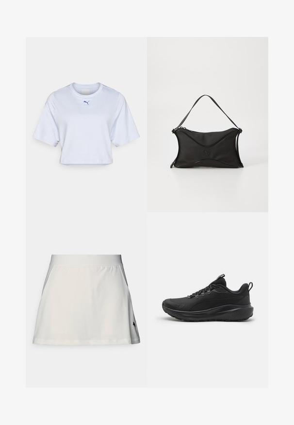 Fehér, rövid ujjú, cropped póló, kerek nyakkivágással és egy kis kék Puma logóval a mellkason. Sima szövet textúra.; Fehér sportos szoknya sima felülettel, széles elasztikus derékpánttal és egy kis fekete logóval az alsó bal oldalon. Kihajló fazon jellemzi.; Fekete sportcipők texturált hálós felsőrésszel, párnázott gallérral, fűzővel és gumitalppal. Karcsú dizájnnal és tartós felépítéssel rendelkezik.; Fekete kézitáska puha, textúrált anyagból. Hullámos designjával, egyetlen vállpántjával és finom logó részletével rendelkezik elöl.