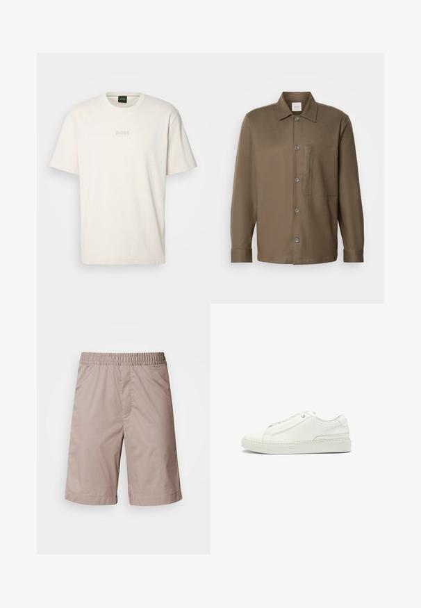 BOSS TEE - T-shirt - bas - open white; Brun skjorta med knapp fram, krage, långa ärmar, en bröstficka och mjuk textur. Har grå knappar längs framsidan.; Beige shorts med elastisk midjeförband, slät yta, knälång klippning och inga synliga mönster eller metalldetaljer.; Vita lädersneaker med en texturerad ovandel, rund tå, minimalistisk design och en gummisula med sömdetaljer.