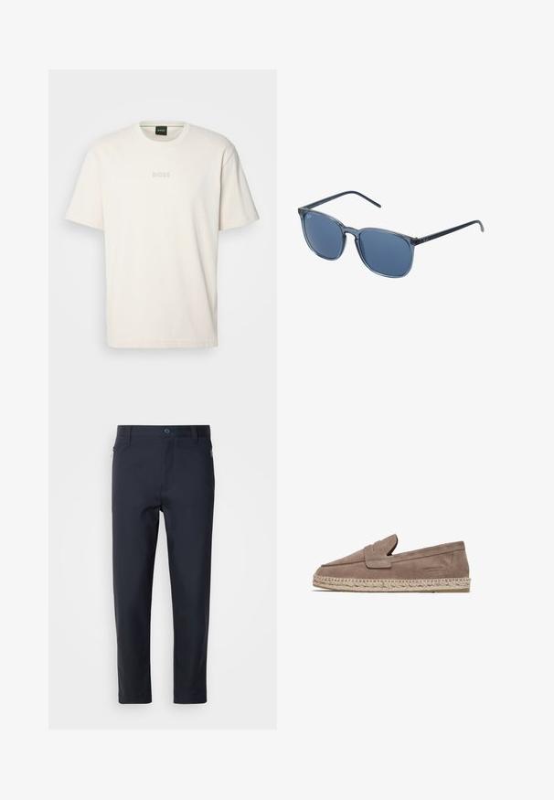BOSS TEE - T-shirts basic - open white; Marineblå skræddersyede bukser lavet af glat stof, med en lynlås lomme, lige ben og en knaplukning i taljen.; FRED MARTIN COLLECTION MARBELLA - Espadrilles - taupe suede; Blå rektangulære solbriller med grå tonede linser, plastikramme, metalliske accenter og en mat finish på stængerne.