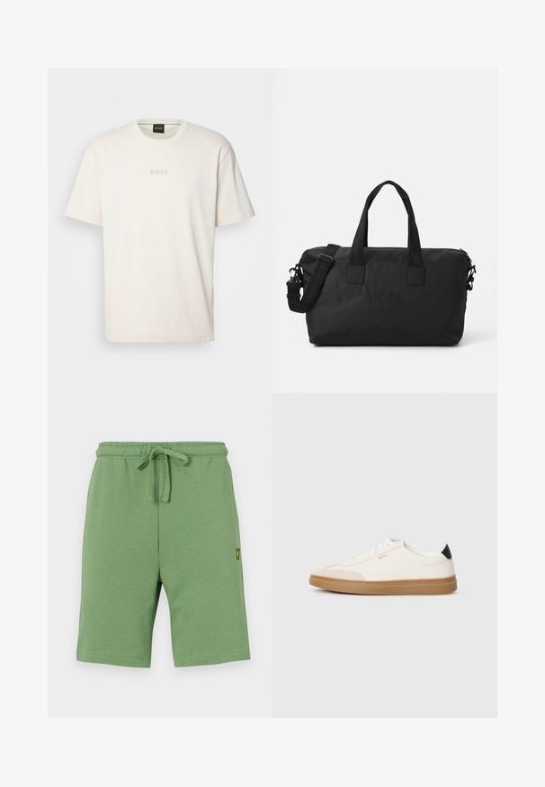BOSS TEE - Paprasti marškinėliai - open white; Žali medvilniniai šortai su elastingu juosmeniu ir reguliuojama raištine. Kairėje pusėje yra mažas geltonas siuvinėtas logotipas.; Balti sportbačiai su kreminiais akcentais, lygios odos viršus, suapvalintas pirštas ir guminis padas, su juodu kulno užtrauktuku ir subtiliu ženklinimu.; Juodas nailono kertinis krepšys su dviem viršutiniais rankenomis ir nuimamąja petine juostele. Yra iškilus logotipas ir lygus paviršius su užtrauktuku.