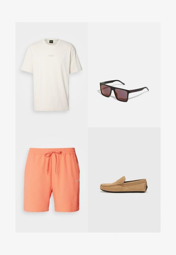BOSS TEE - Βασικό μπλουζάκι - open white; Les Deux STAN SWIM 2.0 - Σορτς - baked papaya; Μπεζ σουέτ μοκασίνι με ραμμένη μύτη, σχέδιο slip-on και μαύρη καουτσούκ σόλα. Έχει διακριτική σήμανση στο πλάι.; Μαύρα ορθογώνια γυαλιά ηλίου με σκούρους κόκκινους φακούς, με ματ φινίρισμα και κόκκινο λογότυπο στον βραχίονα. Ανθεκτικό πλαστικό σκελετό.