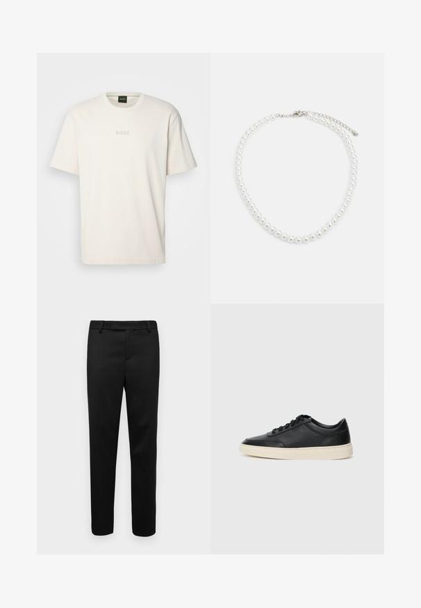 BOSS TEE - Basic póló - open white; Fekete nadrág sima anyagból, egyenes szabással, övhurkokkal és oldalsó zsebekkel. A design minimalista, látható minták nélkül.; Fekete, alacsony szárú bőrsneaker fekete fűzőkkel és törtfehér talppal, oldalnézetben, fehér háttér előtt.; Fehér gyöngy nyaklánc, egységes kerek alakú, sima felületű, fémből készült kapoccsal, állítható hosszúságú meghosszabbító lánccal.