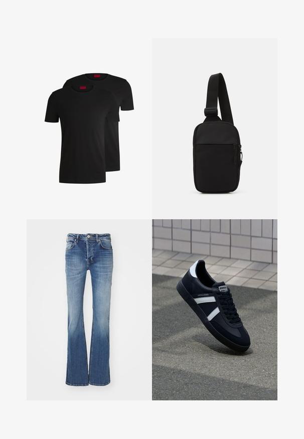 Dvi juodos medvilnės marškinėliai su trumpomis servetėlėmis ir apvaliu kaklu. Abu turi raudoną prekės ženklo etiketę kaklo srityje. Paprastas, klasikinis dizainas.; Mėlynos džinsinės kelnės su pašiais, vidutinio plovimo, penkių kišenių dizainu ir mygtuko uždarymu. Savybės: nušvitusi tekstūra ir šiek tiek nušveitimas.; Juodas odinis sportinis batelis su baltais dryžiais, tekstūruota gumine padais ir raišteliais priekyje. Yra prekės ženklą žymintis etiketė ant liežuvio.; Juodas per petį nešiojamas krepšys, pagamintas iš patvarios medžiagos, su vienu reguliuojamu diržu, užtrauktuku užsidarančia pagrindine kišene ir priekyje esančia kišene.