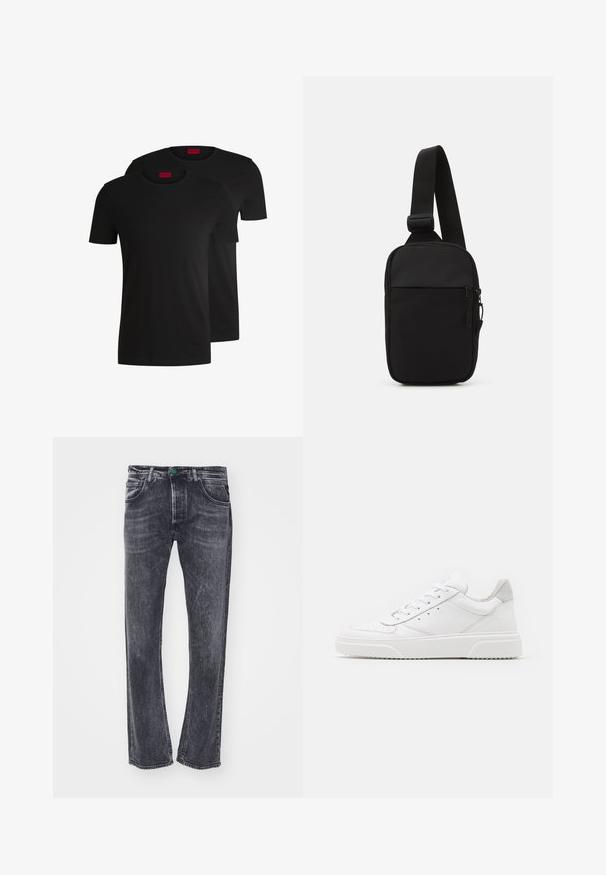 Dvoje černých bavlněných triček s krátkým rukávem a kulatým výstřihem. Obě mají červenou značkovou nášivku na výstřihu. Jednoduchý, klasický design.; Replay GROVER PANTS - Džíny Straight Fit - dark grey; Bílé kožené tenisky s hladkým povrchem, zaoblenou špičkou, plochými tkaničkami a texturovanou podrážkou. Šedý semišový detail na patě.; Černá crossbody taška vyrobená z odolné tkaniny, s jedním nastavitelným popruhem, zapínacím hlavním oddělením a přední kapsou.