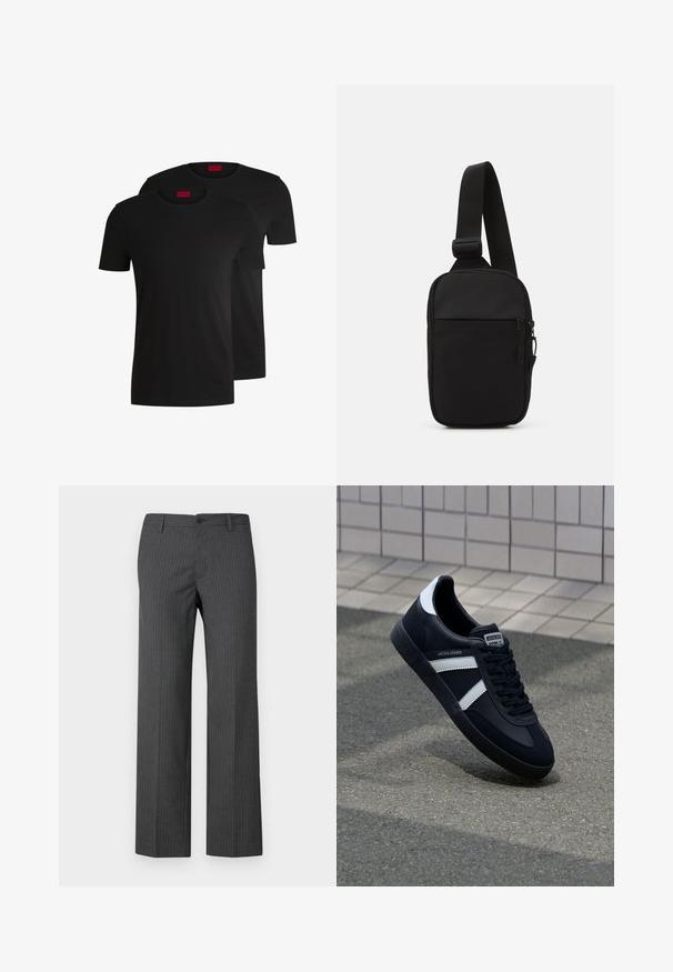 Dvoje černých bavlněných triček s krátkým rukávem a kulatým výstřihem. Obě mají červenou značkovou nášivku na výstřihu. Jednoduchý, klasický design.; Šedé pruhované kalhoty z upravené tkaniny, s přímým střihem, předními kapsami a zapínáním na knoflík v pase.; Černé kožené tenisky s bílými pruhy, texturovanou gumovou podrážkou a šněrováním vpředu. Obsahují značenou etiketu na jazyku.; Černá crossbody taška vyrobená z odolné tkaniny, s jedním nastavitelným popruhem, zapínacím hlavním oddělením a přední kapsou.