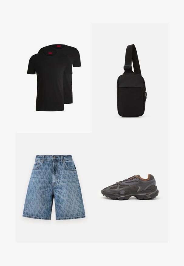 Dve črne bombažne majice s kratkimi rokavi in okroglim izrezom. Obe imata rdečo oznako blagovne znamke na vratu. Preprost, klasičen dizajn.; Denim kratke hlače v svetlo modri barvi z diskretnim leopardjim vzorcem, z običajnim pasom, zanke za pas in sprednjimi žepi.; Lacoste teniske v temno sivi barvi z mrežasto in sintetično prevleko, s teksturiranim podplatom in rjavimi detajli na ovratniku ter blagovni znamki.; Črna torba za čez ramo, izdelana iz trpežnega materiala, z enim nastavljivim trakom, z glavnim predalom na zadrgo in sprednjim žepom.