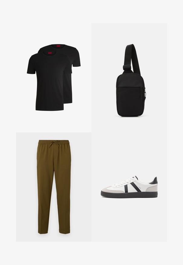 Due magliette di cotone nere con maniche corte e scollo rotondo. Entrambe presentano un'etichetta rossa del marchio sul collo. Design semplice e classico.; Pantaloni leggeri verde olive con cintura elastica e cordino regolabile. Presentano gambe dritti e nessuna tasca. Texture liscia.; Sneaker bianco con accenti neri e grigi, dotata di una punta grigia testurizzata, suola in gomma nera e lacci bianchi piatti. Design pulito, stile minimalista.; Borsa a tracolla nera realizzata in tessuto resistente, con una singola tracolla regolabile, un compartimento principale con zip e una tasca frontale.