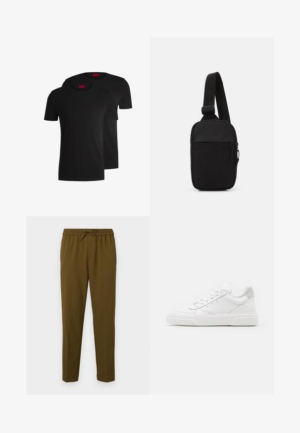 Due magliette di cotone nere con maniche corte e scollo rotondo. Entrambe presentano un'etichetta rossa del marchio sul collo. Design semplice e classico.; Pantaloni leggeri verde olive con cintura elastica e cordino regolabile. Presentano gambe dritti e nessuna tasca. Texture liscia.; Sneaker bianche in pelle con finitura liscia, punta arrotondata, lacci piatti e suola texturizzata. Accento in suede grigio sul tallone.; Borsa a tracolla nera realizzata in tessuto resistente, con una singola tracolla regolabile, un compartimento principale con zip e una tasca frontale.