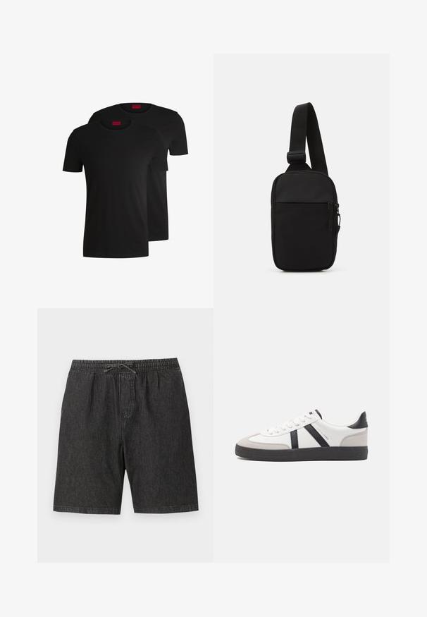 Două tricouri negre din bumbac, cu mâneci scurte și guler rotund. Ambele au o etichetă de marcă roșie la guler. Design simplu, clasic.; Șorturi negre din denim cu talie elastică și șnur reglabil. Prezintă buzunare laterale și o croială lejeră și relaxată.; Sneaker alb cu accente negre și gri, având un capac de vârf gri texturat, talpă din cauciuc negru și șireturi plate albe. Design elegant, stil minimalist.; Geantă crossbody neagră, confecționată dintr-un material rezistent, dotată cu o curea ajustabilă, un compartiment principal cu fermoar și o buzunar frontal.