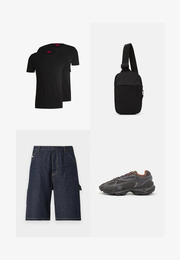 Két fekete pamut póló rövid ujjakkal és kerek nyakkivágással. Mindkettőn piros márkacímke található a nyakrészen. Egyszerű, klasszikus dizájn.; Sötétkék farmer rövidnadrág, egyenes szabással, öt zsebbel, sárga varrási részletekkel és egy oldalsó zsebbel a praktikusabb használat érdekében.; Sötét szürke Lacoste sportcipők hálós és szintetikus anyagból, textúrázott talppal és barna díszítésekkel a nyak részen és a logón.; Fekete keresztpántos táska, tartós anyagból készült, egy állítható pánttal, cipzáras főrekesszel és elülső zsebbel.