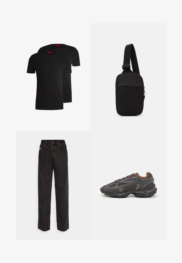 Dvé čierne bavlnené tričká s krátkymi rukávmi a okrúhlym výstrihom. Obe majú červenú značkovú nálepku na výstrihu. Jednoduchý, klasický dizajn.; Čierne deninové nohavice s širokými nohavicami a vysokým pásom, predným zapínaním na gombík, dvoma bočnými vreckami a jemnými švom.; Lacoste tenisky v tmavo sivej farbe z nylonu a syntetického materiálu, s textúrovanou podrážkou a hnedými akcentami na golieri a brandingu.; Čierna crossbody taška vyrobená z odolnej tkaniny, s jedným nastaviteľným popruhom, so zipsom na hlavnej priehradke a prednou kapsou.