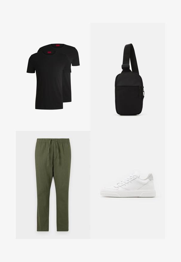 Dos camisetas de algodón negras con mangas cortas y cuello redondo. Ambas presentan una etiqueta de marca roja en el cuello. Diseño simple y clásico.; Pantalones ligeros de color verde oliva con cintura ajustable mediante cordón, diseño de pierna recta y textura suave. Estilo sencillo y funcional.; Zapatillas de cuero blanca con un acabado suave, punta redondeada, cordones planos y una suela texturada. Acento de ante gris en el talón.; Bolso cruzado negro fabricado en tejido duradero, con una sola correa ajustable, un compartimento principal con cremallera y un bolsillo delantero.