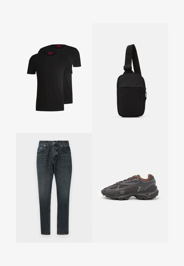 To svarte bomull t-skjorter med korte ermer og rund hals. Begge har en rød merkeetikett ved halsen. Enkel, klassisk design.; Mørk grå denimjeans med rette ben, fem lommer, knappelukking og subtil falming. Laget av bomull med en glatt tekstur.; Lacoste-sneakers i mørkegrått med mesh- og syntetisk materiale, med en teksturert såle og brune detaljer på kragen og merket.; Svart skulderveske laget av slitesterkt stoff, med en justerbar stropp, en glidelåslukking på hovedrommet og en frontlomme.