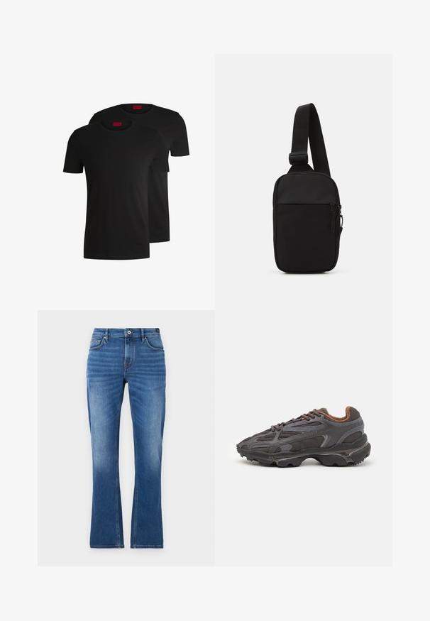 Duas t-shirts de algodão pretas com mangas curtas e decote redondo. Ambas apresentam um rótulo de marca vermelho na gola. Design simples e clássico.; Jeans de ganga de perna larga em azul médio. Apresenta um design de cinco bolsos, detalhes cosidos, fecho de botão e textura ligeiramente desbotada nas pernas.; Ténis Lacoste em cinza-escuro com material em malha e sintético, apresentando uma sola texturizada e detalhes castanhos na gola e na marca.; Bolsa de ombro preta feita de tecido durável, apresentando uma única alça ajustável, um compartimento principal com fecho de correr e um bolso frontal.