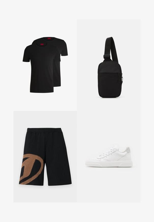 To sorte bomulds t-shirts med korte ærmer og rund hals. Begge har en rød mærkelabel ved halsen. Simpelt, klassisk design.; Sorte shorts med elastisk talje, store brune abstrakte mønstre på venstre ben og sidelommer.; Hvide lædersneakers med en glat finish, rund tå, flade snørebånd og en struktureret sål. Grå ruskindsdetalje ved hælen.; Sort crossbody taske lavet af slidstærkt stof, med en enkelt justerbar rem, en lynlåset hovedrum og en frontlomme.